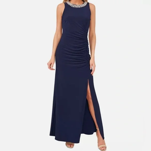 MSK Pearl Beaded Neck Size 10 Navy Blue Front Slit Full Length Gown Dress - Picture 1 of 7